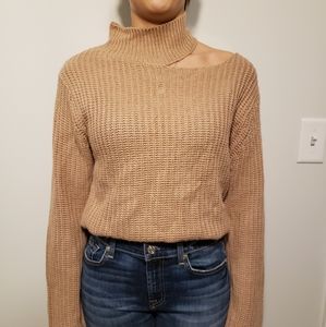 Shoulder Cut-Out Tan Turtleneck Sweater